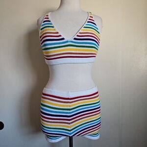 Knitty Kitty Stretch Knit Rainbow Lounge Shorts & Crop Tank Top Set Size Small